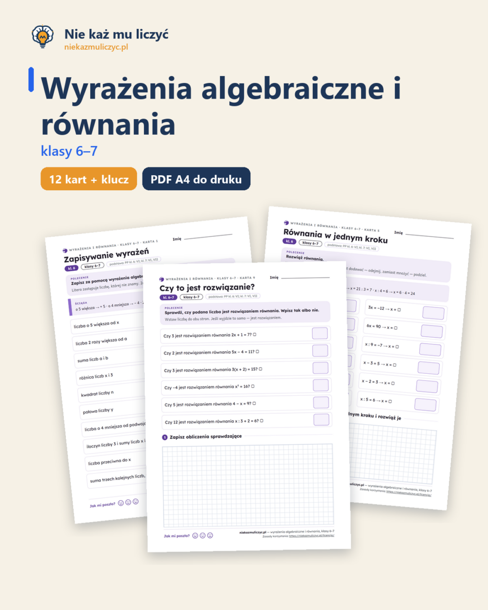 Wyrażenia algebraiczne i równania, klasy 6–7 — 12 kart pracy z kluczem — okładka