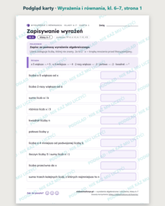 Wyrażenia algebraiczne i równania, klasy 6–7 — 12 kart pracy z kluczem — podgląd karty, strona 1