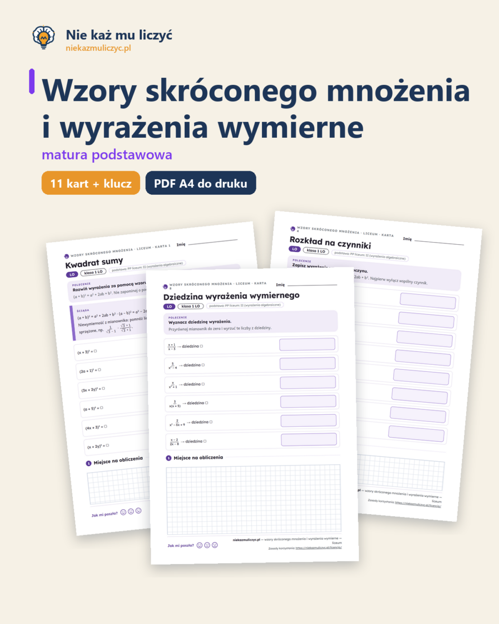 Wzory skróconego mnożenia i wyrażenia wymierne, matura — 11 kart PDF — okładka