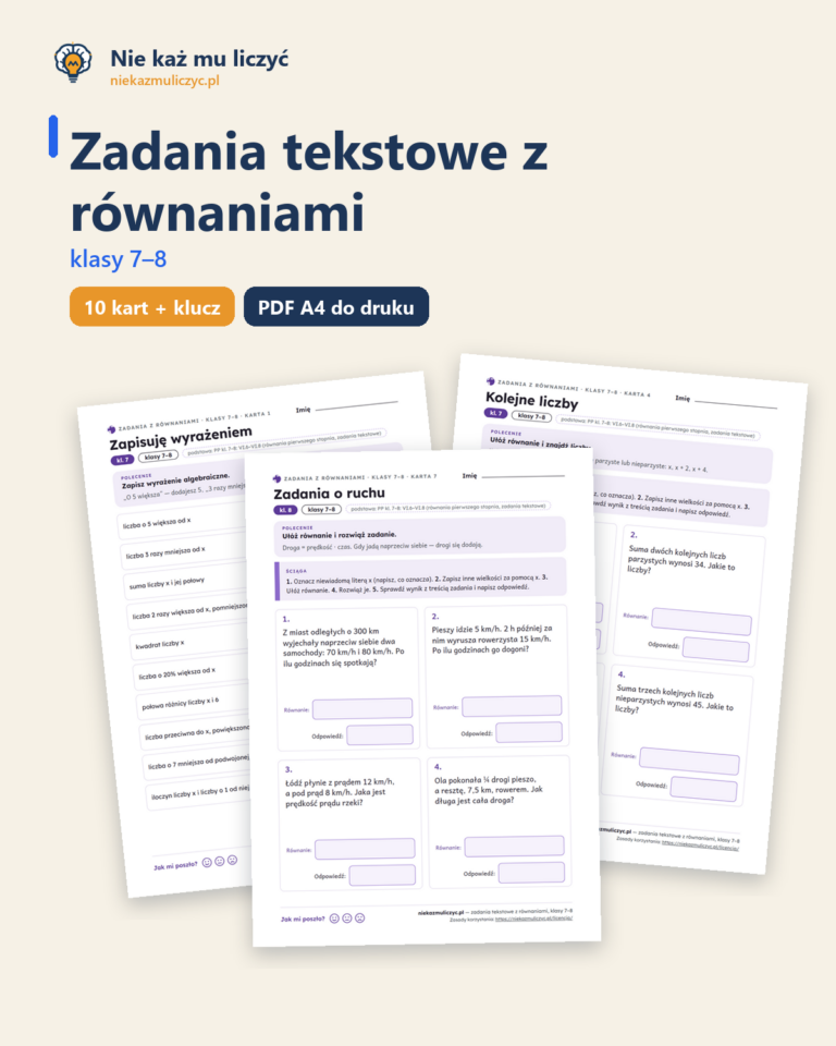 Zadania tekstowe z równaniami, klasy 7–8 — 10 kart pracy PDF z kluczem — okładka