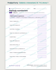 Zadania tekstowe z równaniami, klasy 7–8 — 10 kart pracy PDF z kluczem — podgląd karty, strona 1