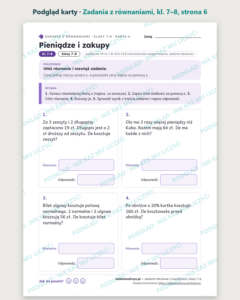 Zadania tekstowe z równaniami, klasy 7–8 — 10 kart pracy PDF z kluczem — podgląd karty, strona 6