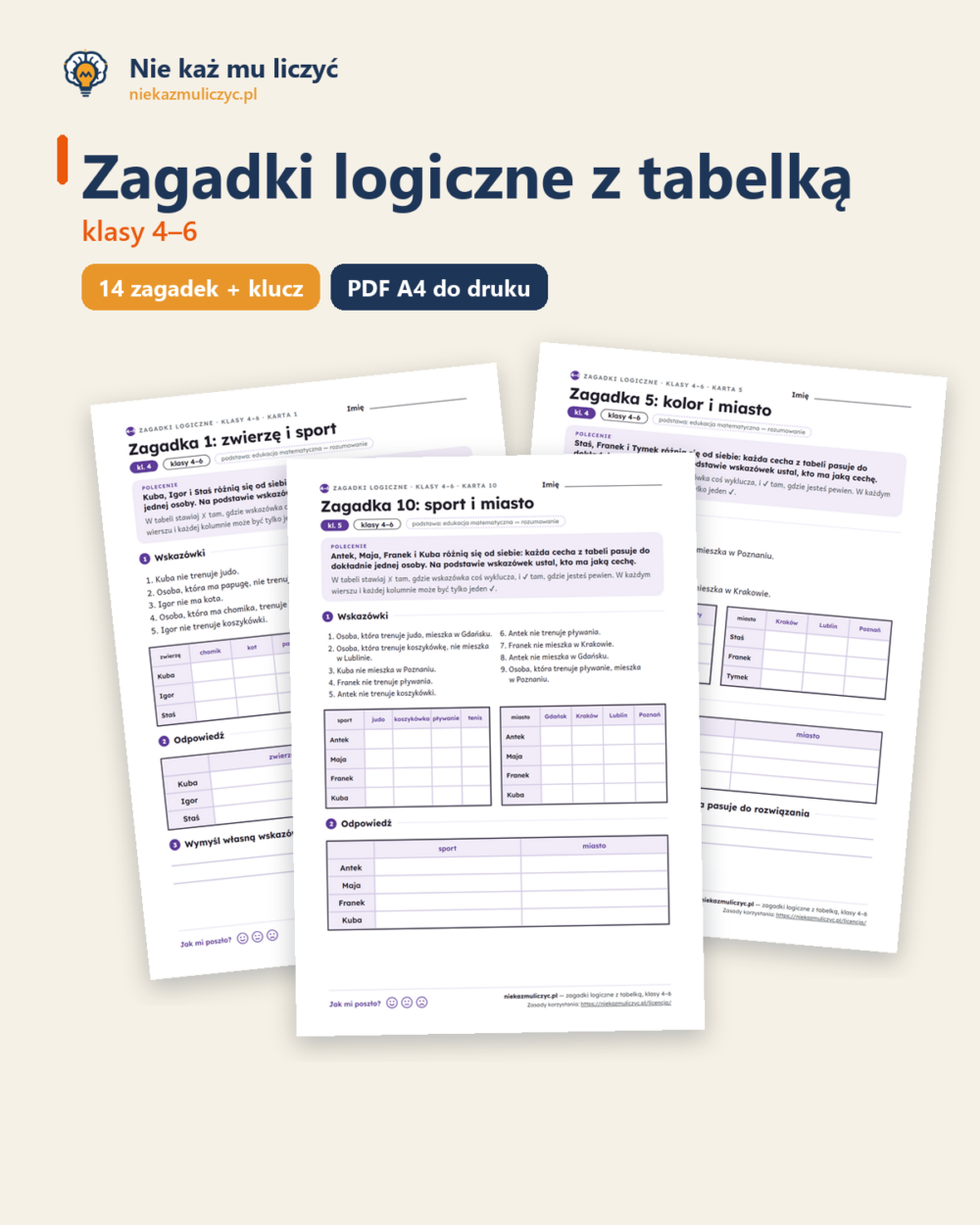 Zagadki logiczne z tabelką, klasy 4–6 — 14 zagadek PDF z rozwiązaniami — okładka