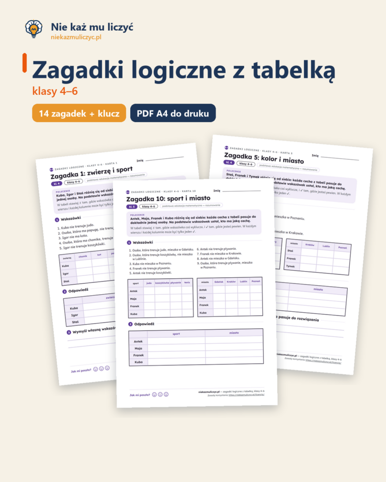 Zagadki logiczne z tabelką, klasy 4–6 — 14 zagadek PDF z rozwiązaniami — okładka