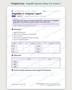 Zagadki logiczne z tabelką, klasy 4–6 — 14 zagadek PDF z rozwiązaniami — podgląd karty, strona 1