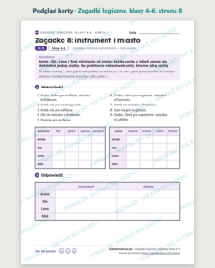 Zagadki logiczne z tabelką, klasy 4–6 — 14 zagadek PDF z rozwiązaniami — podgląd karty, strona 8