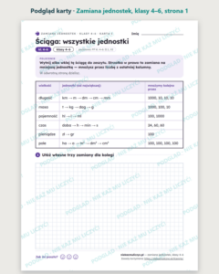 Zamiana jednostek, klasy 4–6 — 13 kart pracy PDF z kluczem — podgląd karty, strona 1
