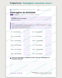Zaokrąglanie i szacowanie, klasy 5–6 — 12 kart pracy PDF z kluczem — podgląd karty, strona 1