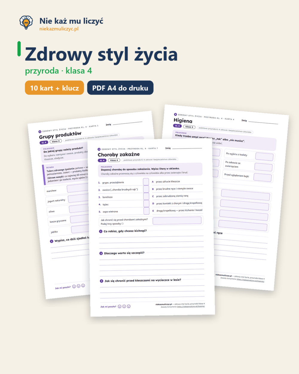 Zdrowy styl życia, przyroda klasa 4 — 10 kart pracy PDF z kluczem — okładka