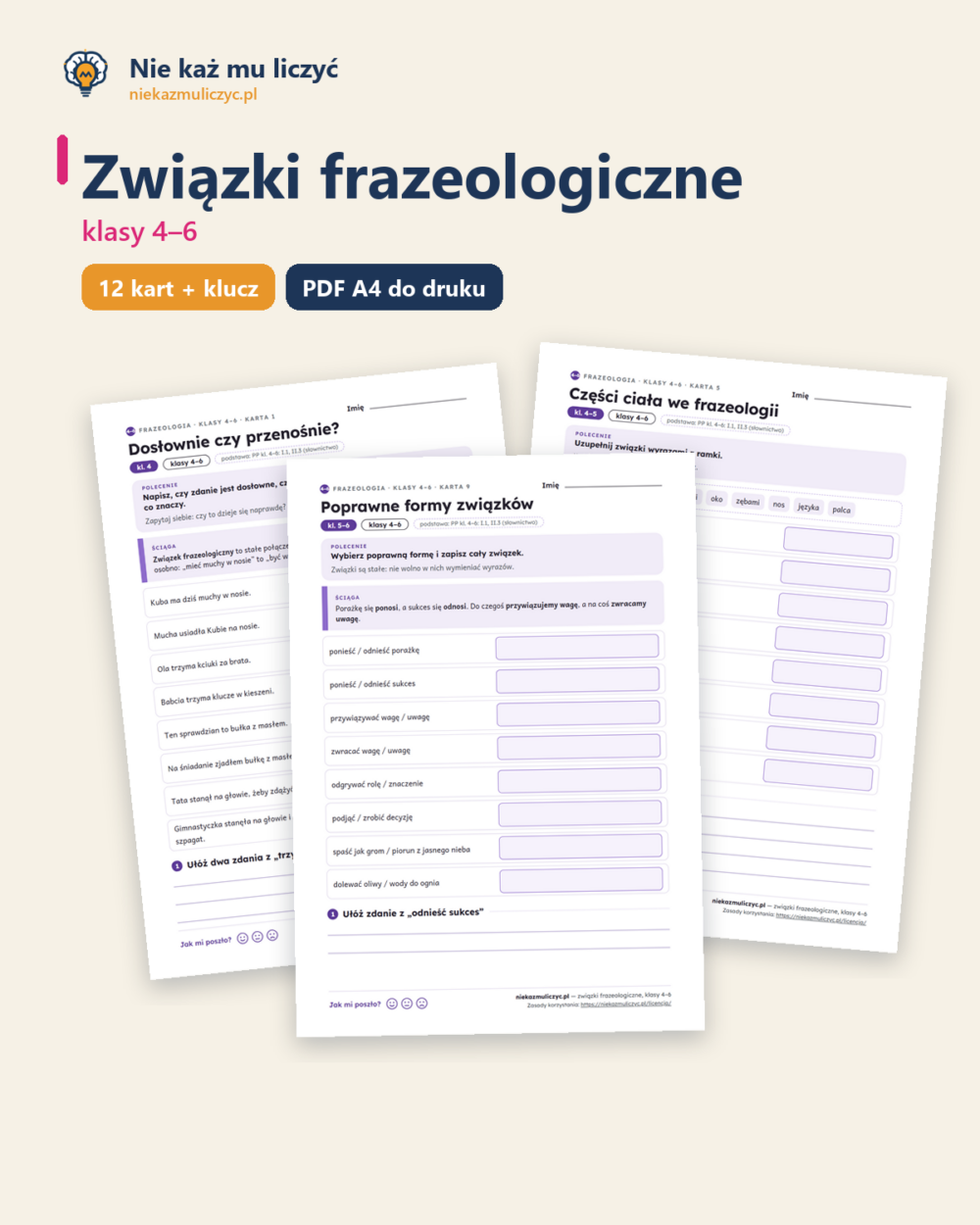Związki frazeologiczne, klasy 4–6 — 12 kart pracy PDF z kluczem — okładka