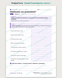 Związki frazeologiczne, klasy 4–6 — 12 kart pracy PDF z kluczem — podgląd karty, strona 1