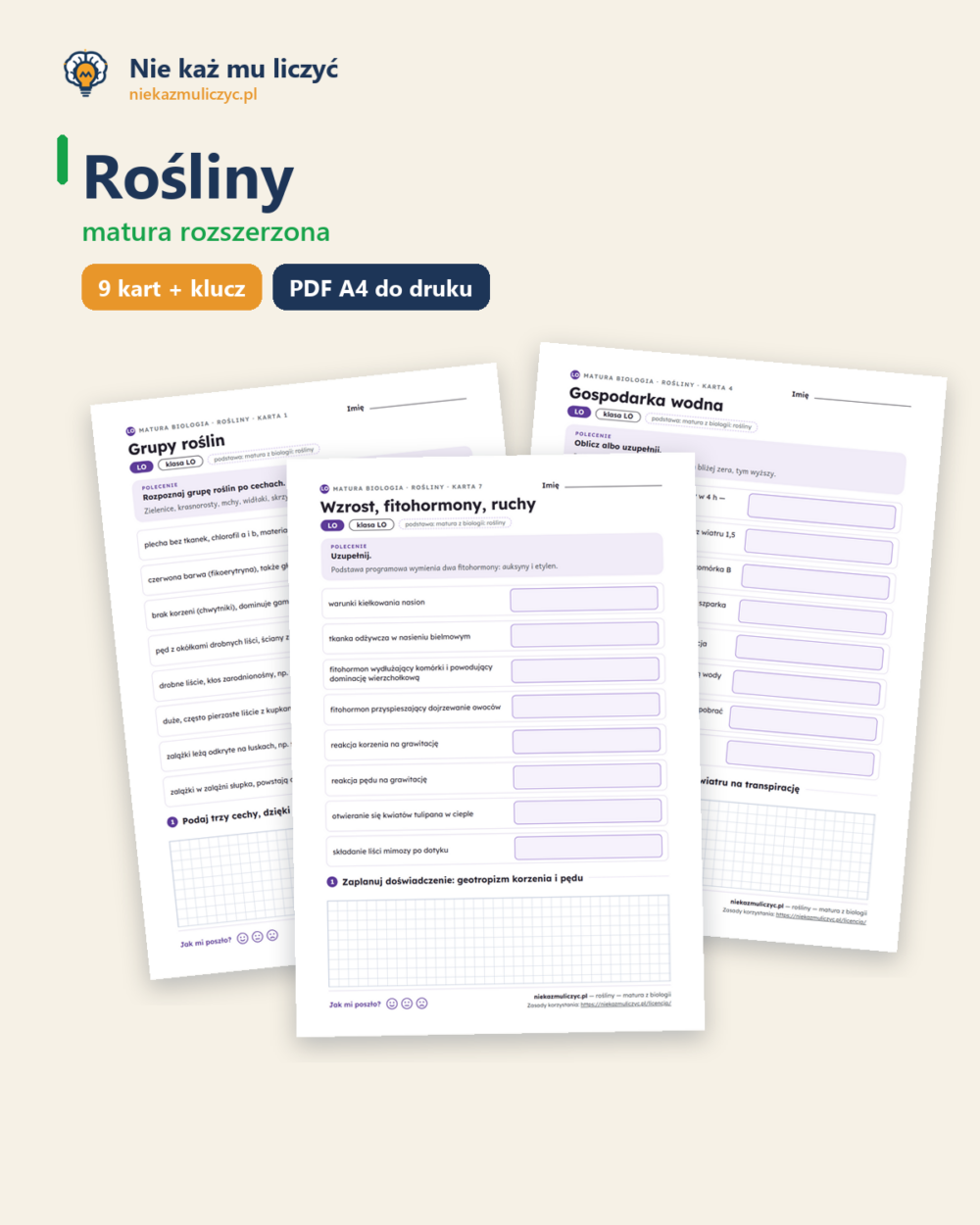 Rośliny — matura z biologii — 9 kart PDF z kluczem — okładka