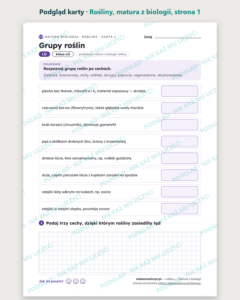 Rośliny — matura z biologii — 9 kart PDF z kluczem — podgląd karty, strona 1