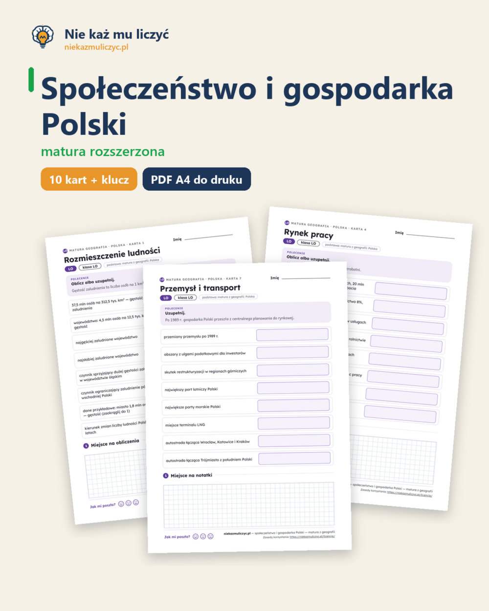 Społeczeństwo i gospodarka Polski, matura z geografii — 10 kart PDF — okładka