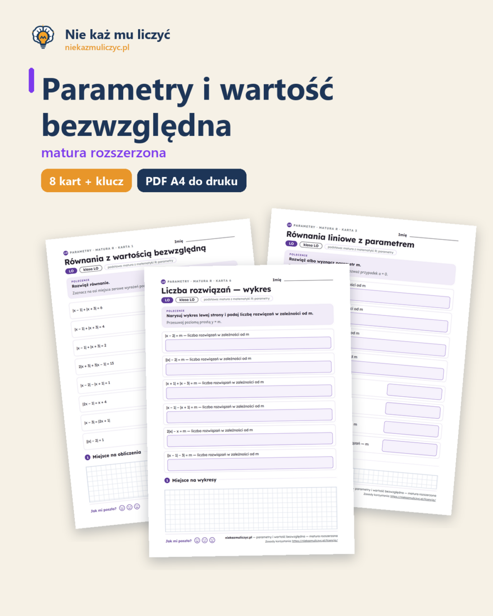Parametry i wartość bezwzględna, matura z matematyki — 8 kart PDF — okładka