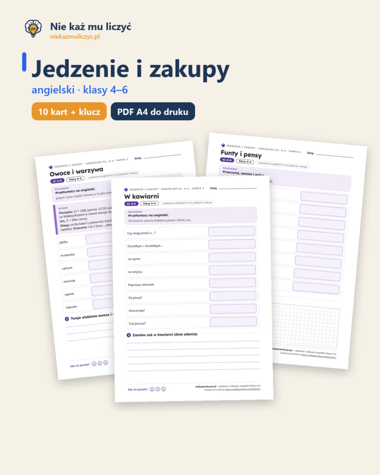 Jedzenie i zakupy, angielski klasy 4–6 — 10 kart pracy PDF z kluczem — okładka