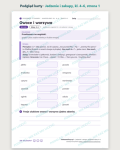 Jedzenie i zakupy, angielski klasy 4–6 — 10 kart pracy PDF z kluczem — podgląd karty, strona 1