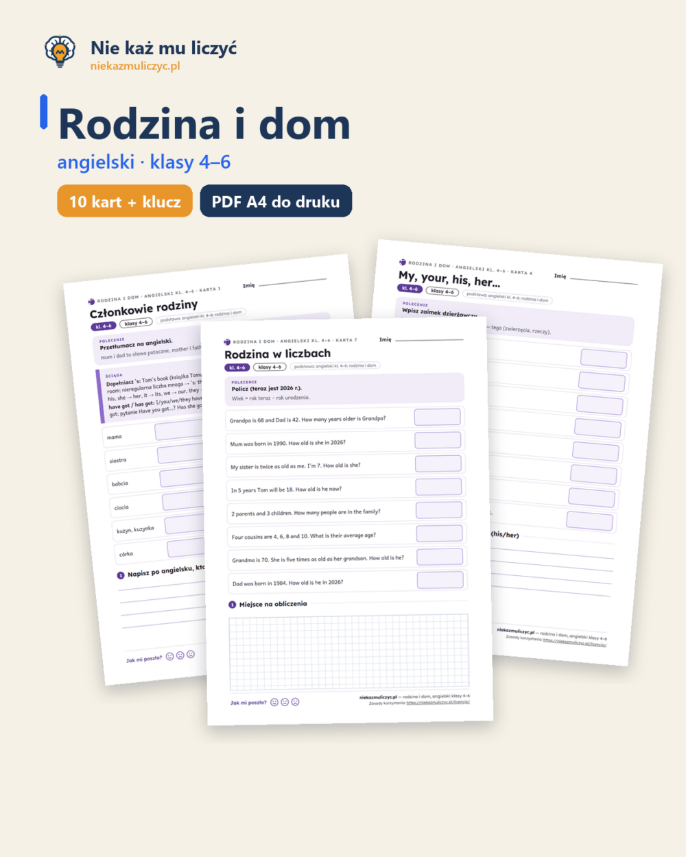 Rodzina i dom, angielski klasy 4–6 — 10 kart pracy PDF z kluczem — okładka