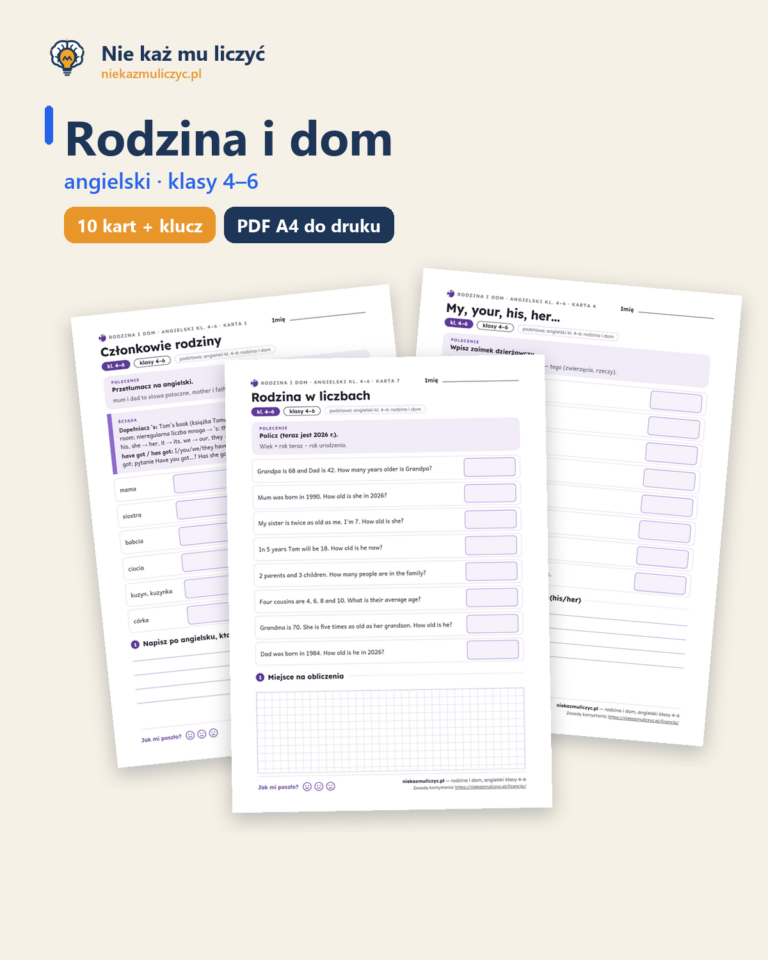 Rodzina i dom, angielski klasy 4–6 — 10 kart pracy PDF z kluczem — okładka