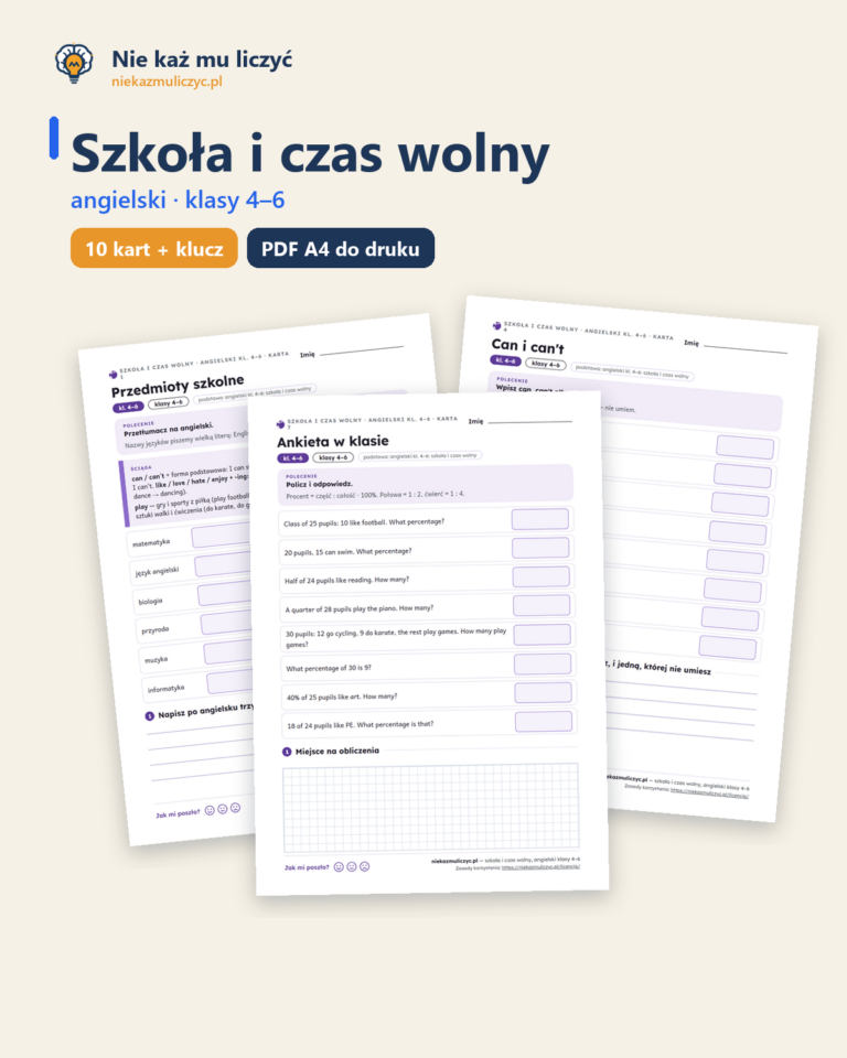 Szkoła i czas wolny, angielski klasy 4–6 — 10 kart PDF z kluczem — okładka
