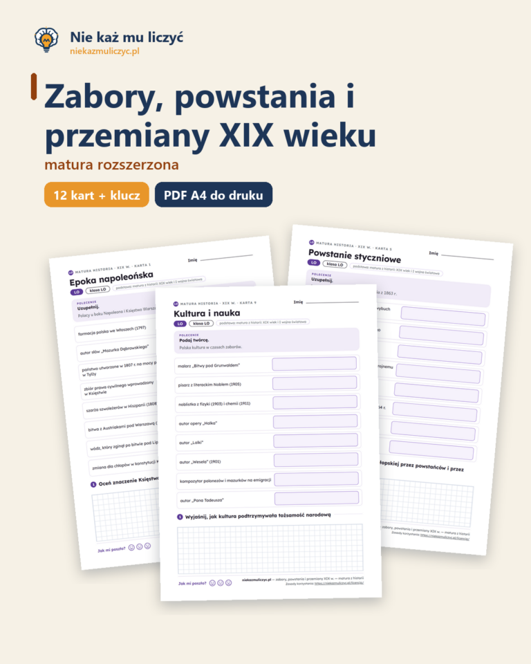 Zabory i powstania XIX w., matura z historii — 12 kart PDF z kluczem — okładka