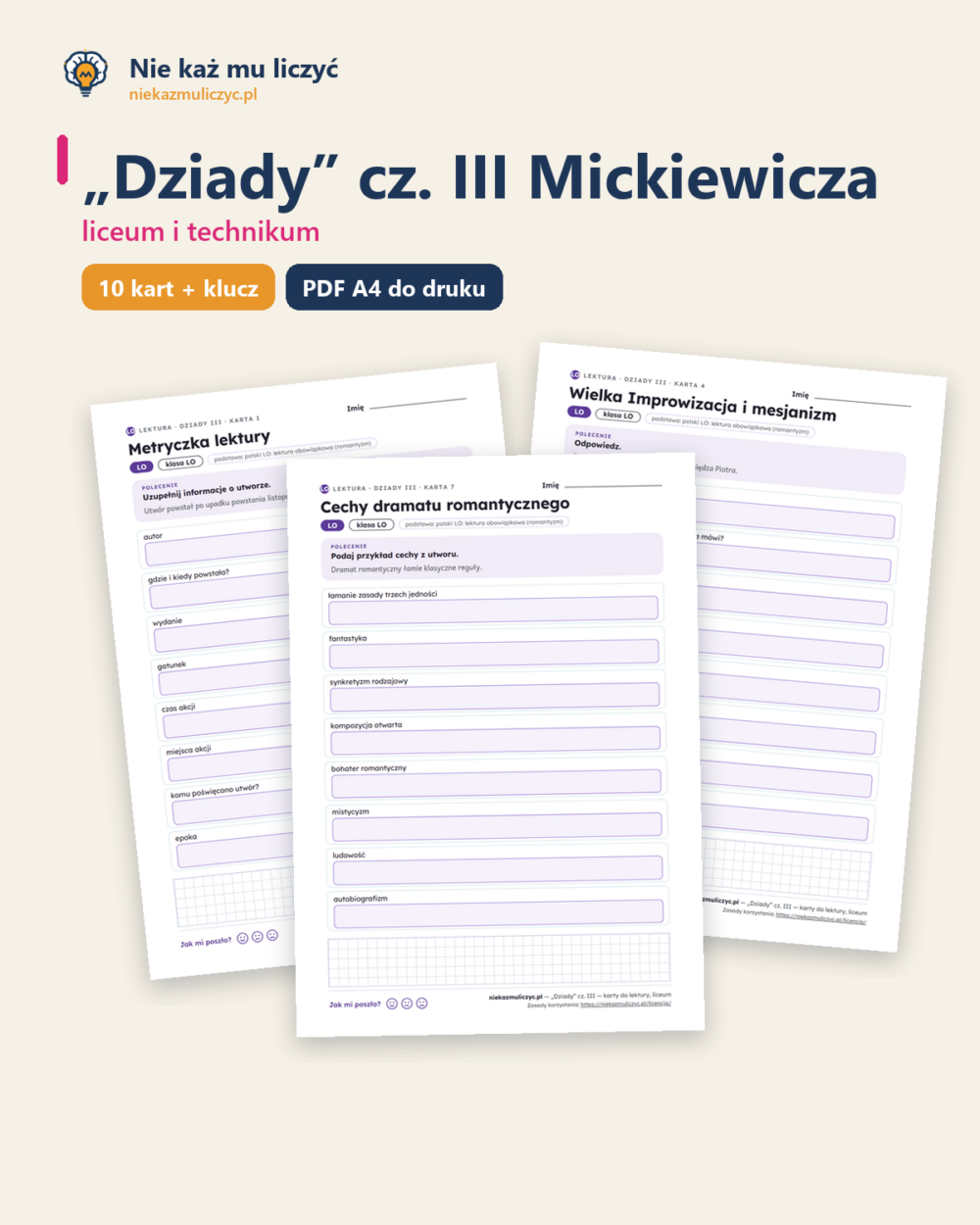 „Dziady” cz. III Mickiewicza — karty do lektury, liceum, 10 kart PDF — okładka