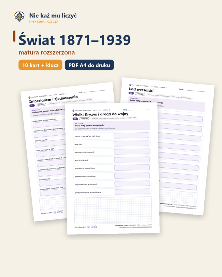 Świat 1871–1939, matura z historii — 10 kart PDF z kluczem — okładka