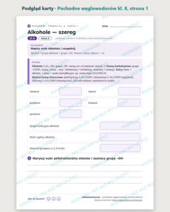 Pochodne węglowodorów, chemia klasa 8 — 10 kart PDF z kluczem — podgląd karty, strona 1
