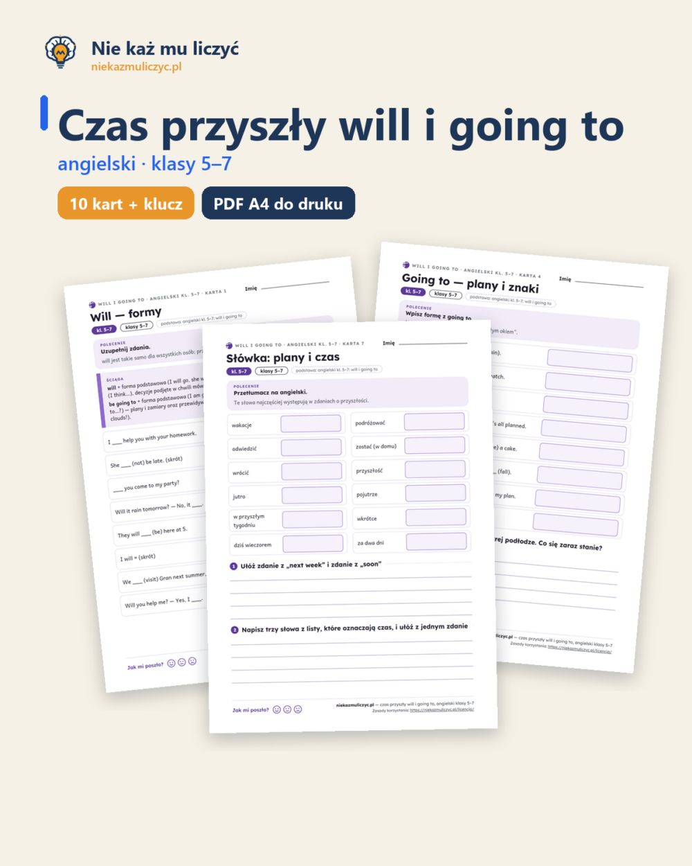 Czas przyszły will i going to, angielski klasy 5–7 — 10 kart PDF — okładka