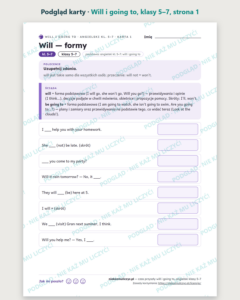 Czas przyszły will i going to, angielski klasy 5–7 — 10 kart PDF — podgląd karty, strona 1