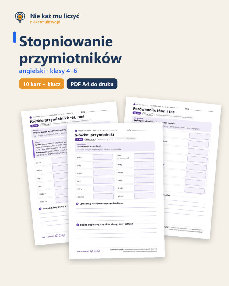 Stopniowanie przymiotników, angielski klasy 4–6 — 10 kart PDF — okładka