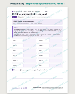 Stopniowanie przymiotników, angielski klasy 4–6 — 10 kart PDF — podgląd karty, strona 1