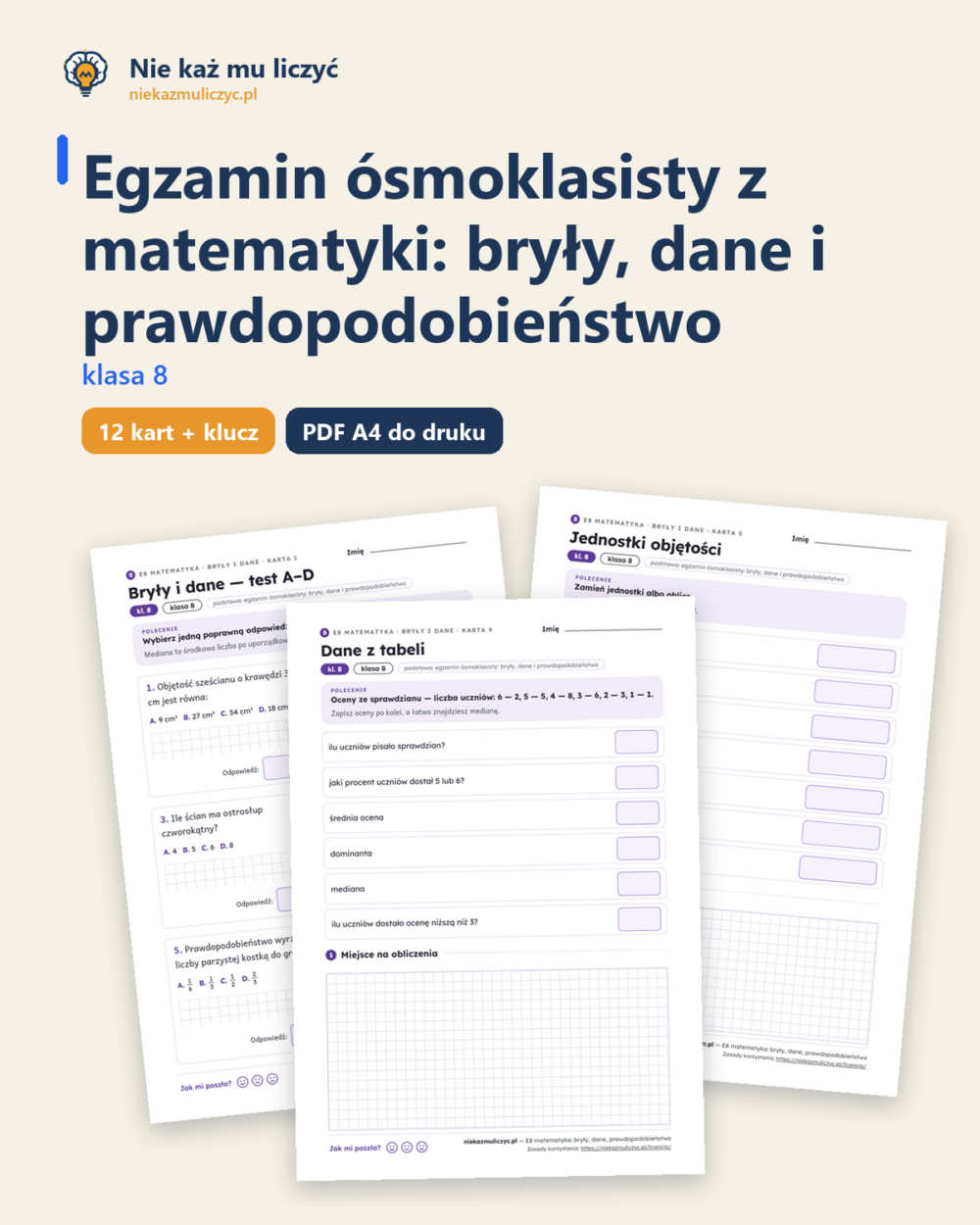 E8 z matematyki: bryły, dane, prawdopodobieństwo — 12 kart PDF — okładka