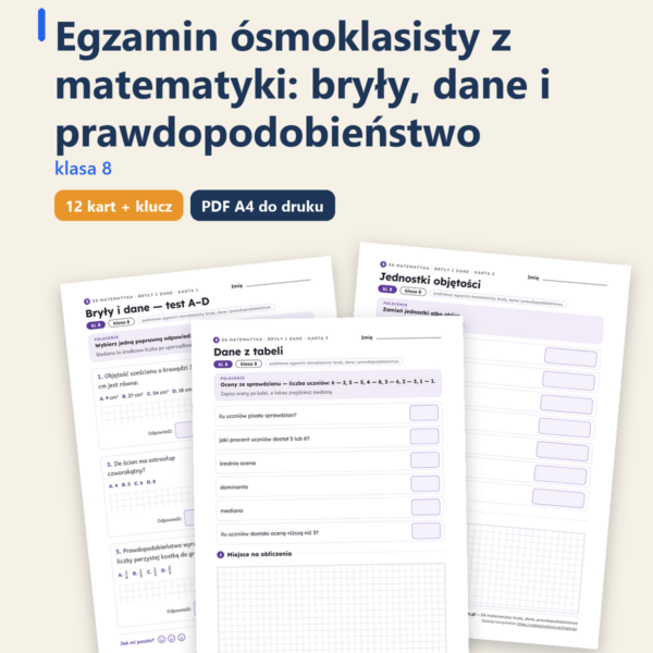 E8 z matematyki: bryły, dane, prawdopodobieństwo — 12 kart PDF