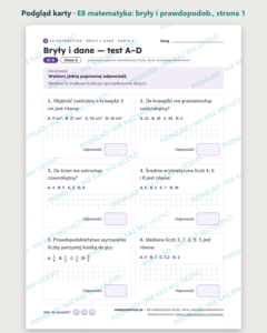 E8 z matematyki: bryły, dane, prawdopodobieństwo — 12 kart PDF — podgląd karty, strona 1