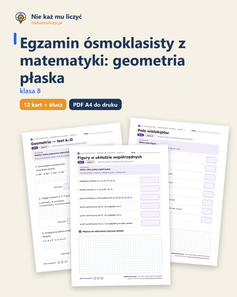 E8 z matematyki: geometria płaska, kl. 8 — 12 kart PDF z kluczem — okładka