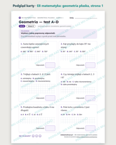E8 z matematyki: geometria płaska, kl. 8 — 12 kart PDF z kluczem — podgląd karty, strona 1