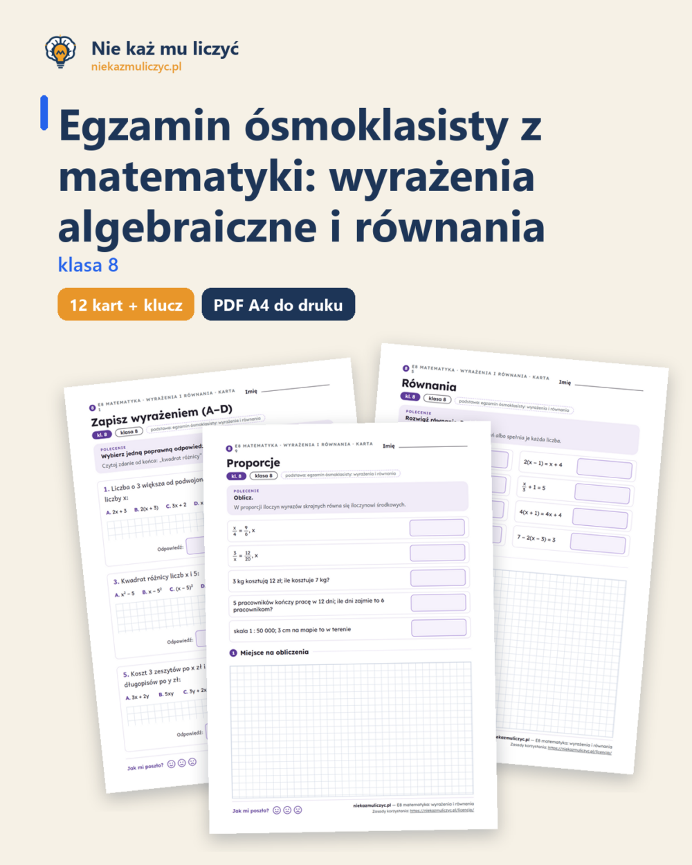 E8 z matematyki: wyrażenia i równania, kl. 8 — 12 kart PDF z kluczem — okładka