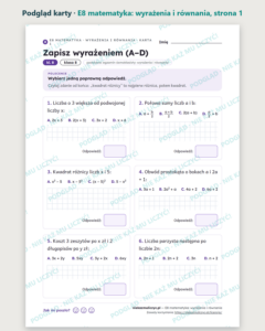 E8 z matematyki: wyrażenia i równania, kl. 8 — 12 kart PDF z kluczem — podgląd karty, strona 1