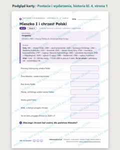 Postacie i wydarzenia z dziejów Polski, kl. 4 — 13 kart PDF z kluczem — podgląd karty, strona 1