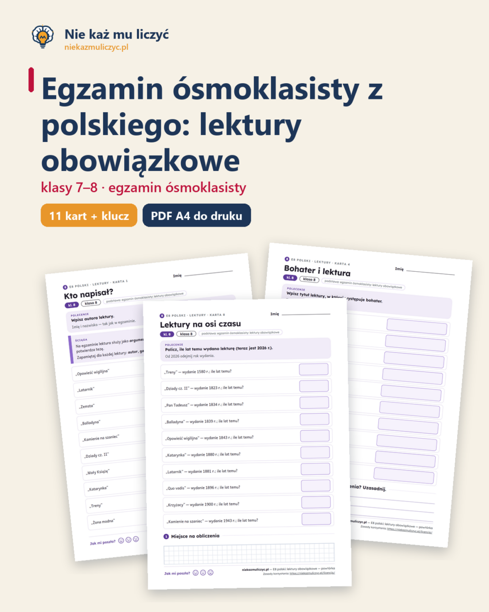 E8 z polskiego: lektury obowiązkowe — powtórka, 11 kart PDF z kluczem — okładka