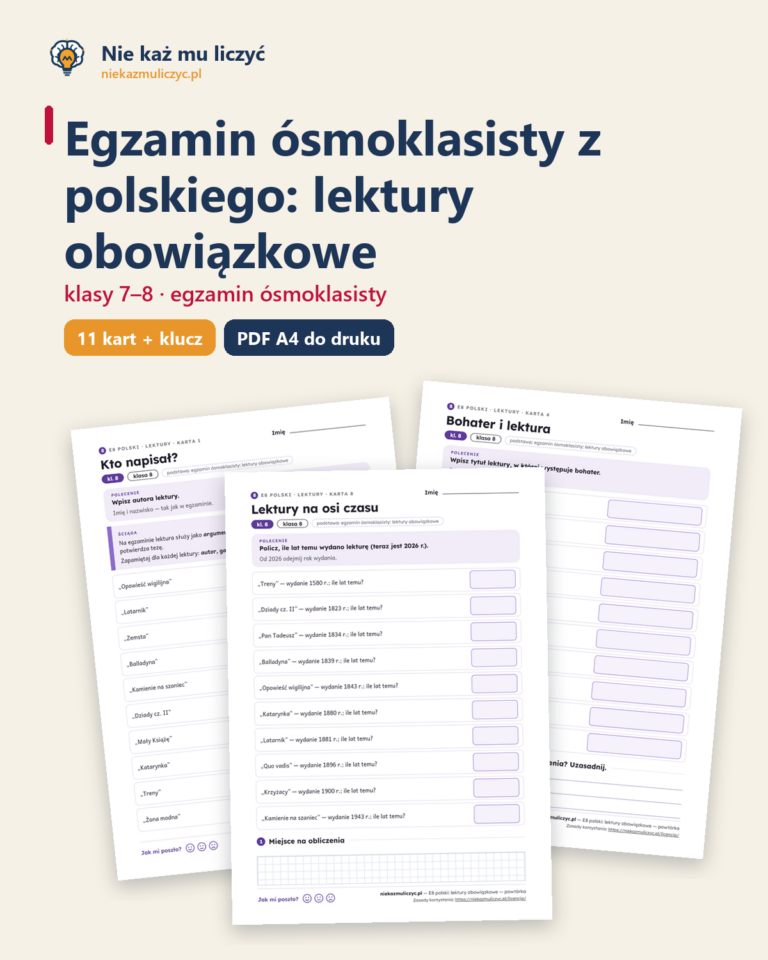 E8 z polskiego: lektury obowiązkowe — powtórka, 11 kart PDF z kluczem — okładka