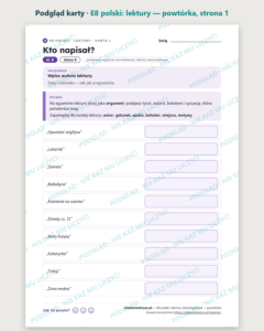 E8 z polskiego: lektury obowiązkowe — powtórka, 11 kart PDF z kluczem — podgląd karty, strona 1