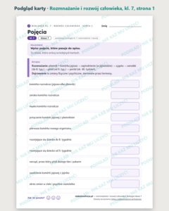Rozmnażanie i rozwój człowieka, biologia kl. 7 — 10 kart PDF z kluczem — podgląd karty, strona 1