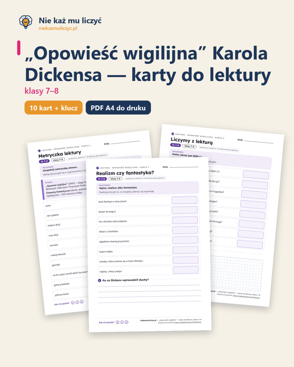 „Opowieść wigilijna”, lektura kl. 7–8 — 10 kart pracy PDF z kluczem — okładka