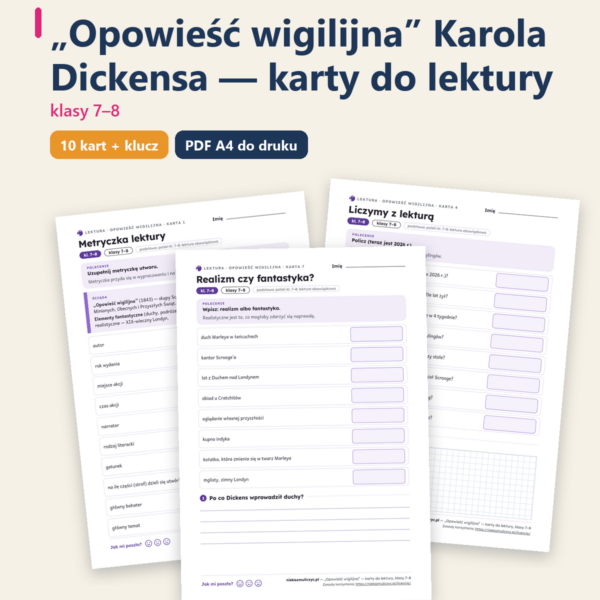 „Opowieść wigilijna”, lektura kl. 7–8 — 10 kart pracy PDF z kluczem — okładka