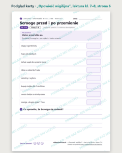 „Opowieść wigilijna”, lektura kl. 7–8 — 10 kart pracy PDF z kluczem — podgląd karty, strona 6