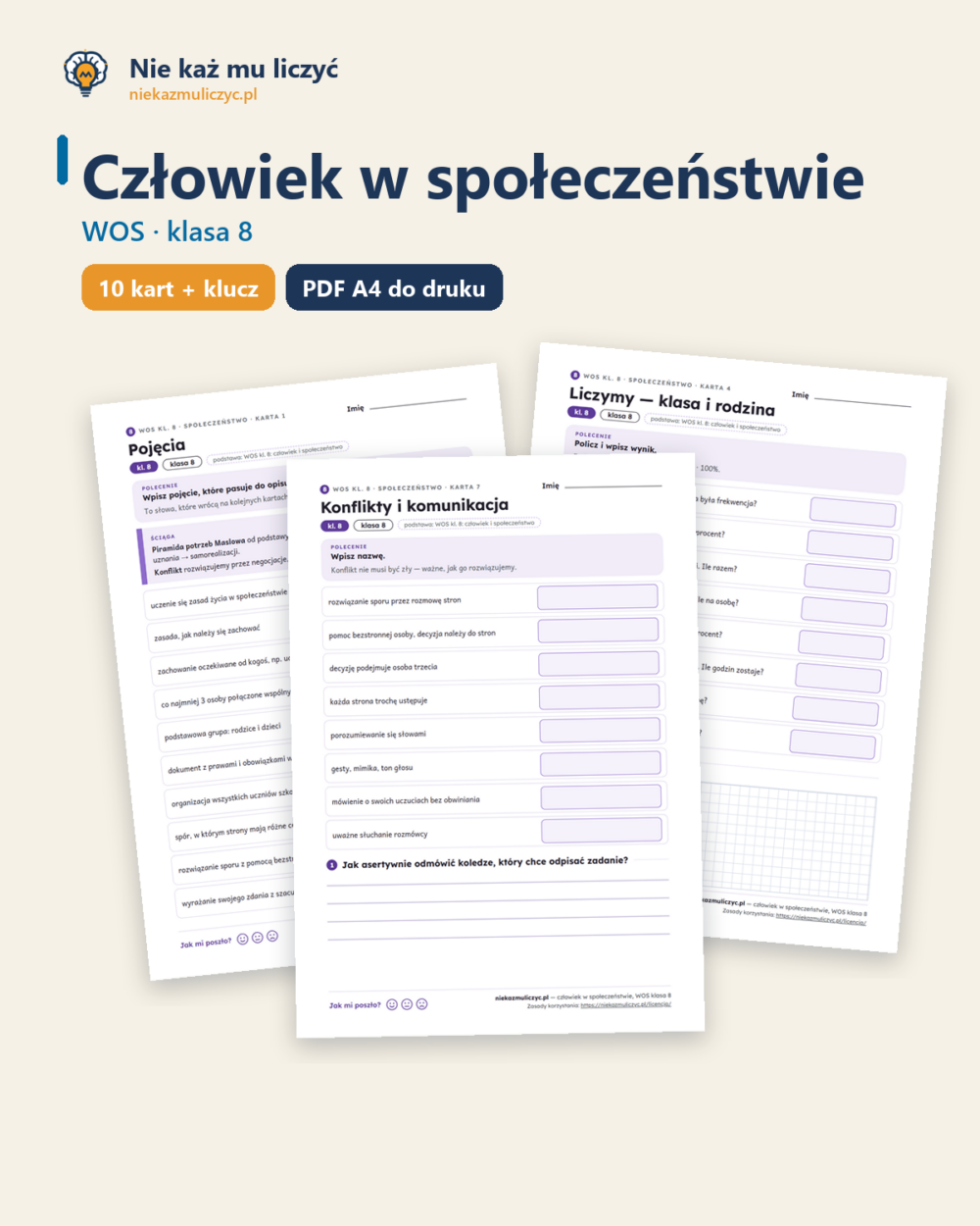 Człowiek w społeczeństwie, WOS klasa 8 — 10 kart pracy PDF z kluczem — okładka