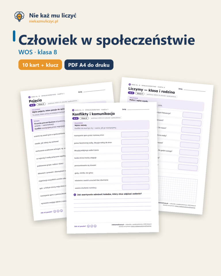 Człowiek w społeczeństwie, WOS klasa 8 — 10 kart pracy PDF z kluczem — okładka