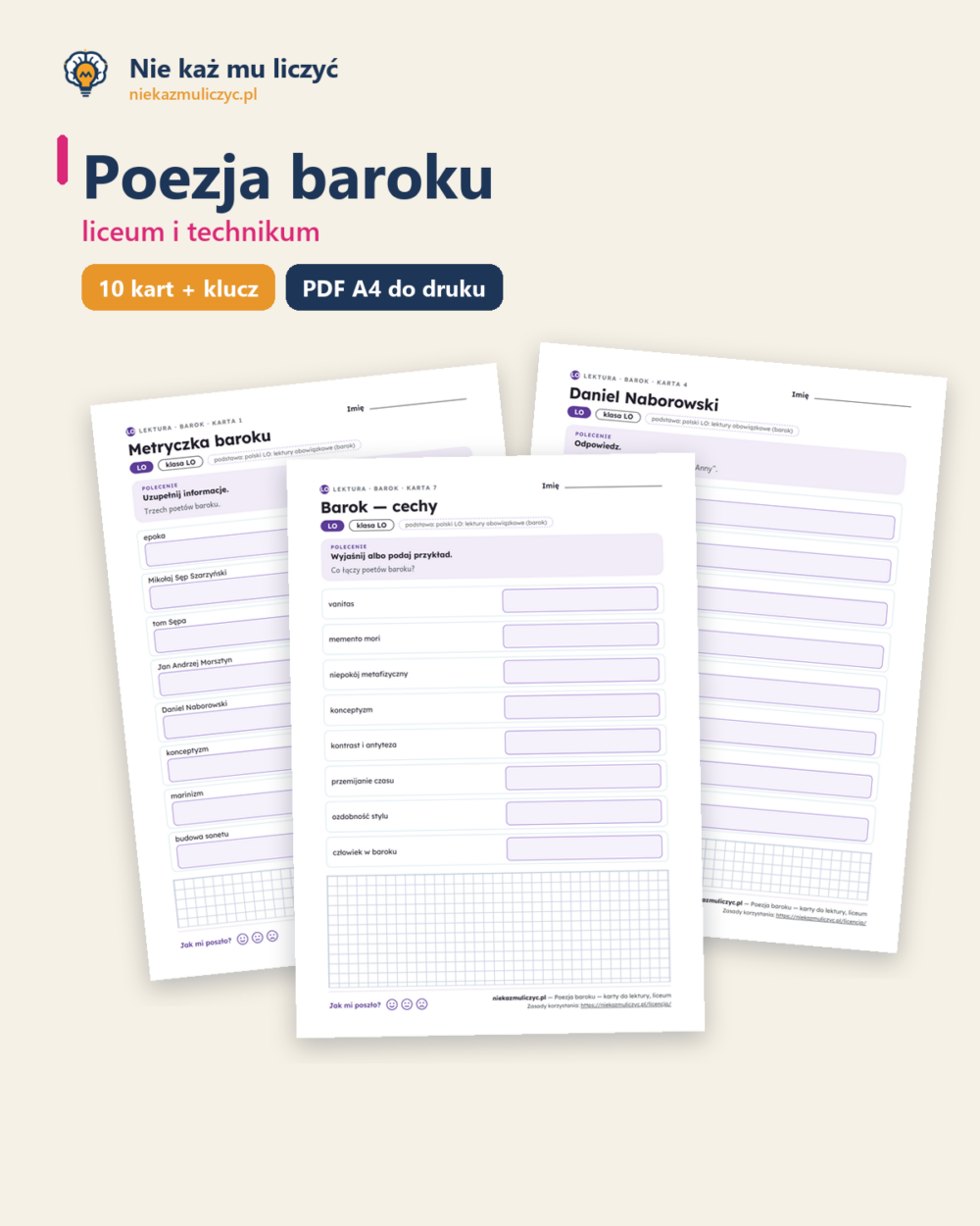 Poezja baroku — karty do lektury, liceum, 10 kart PDF — okładka